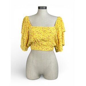 CHASER Doheny Crop Top Sz L Yellow Red Floral Print Polka Dot Ruffled Sleeve Vis
